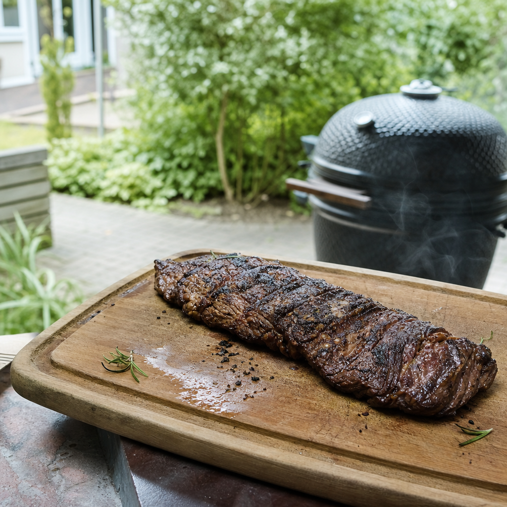 Gegrilde bavet steak op houten snijplank naast een kamado BBQ in de tuin