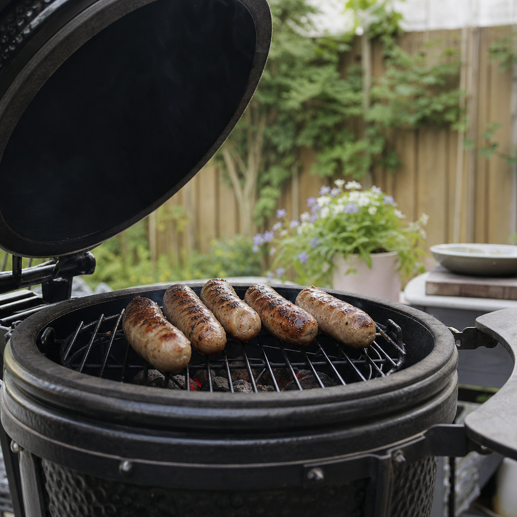 Vijf gegrilde varkensworsten op het rooster van een open barbecue