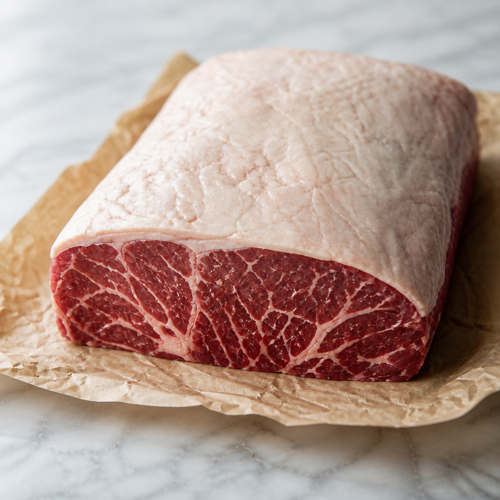 Hele entrecote van rundvlees met dikke vetkap op bakpapier