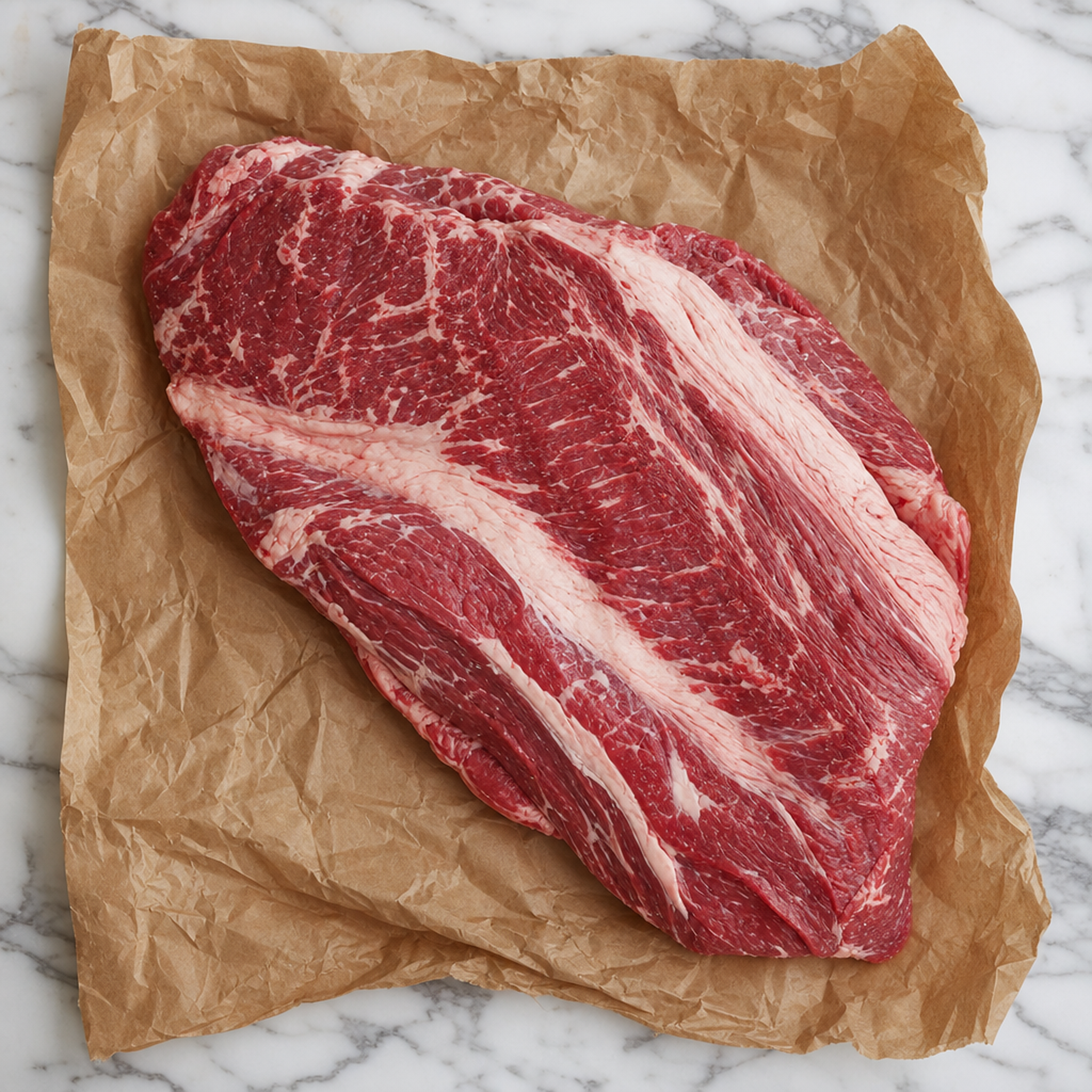 Rauwe Fat Angus brisket met marmering op bruin papier, van boven gefotografeerd