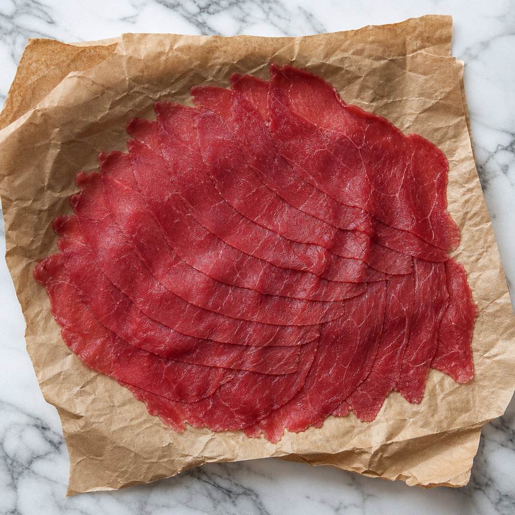 Flinterdunne carpaccio van rundvlees, overlappend gesneden op bruin papier