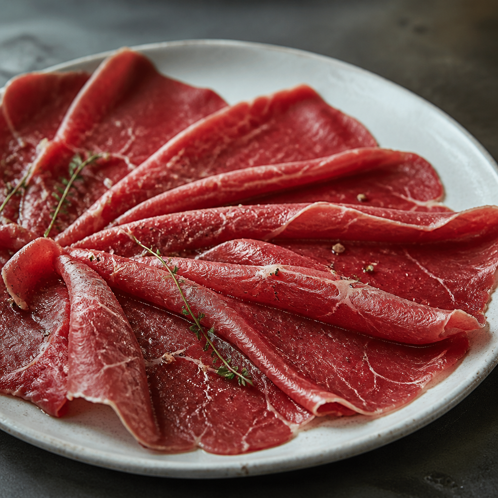 Dunne plakken Angus carpaccio op een wit bord, licht opgerold en klaar om te garneren