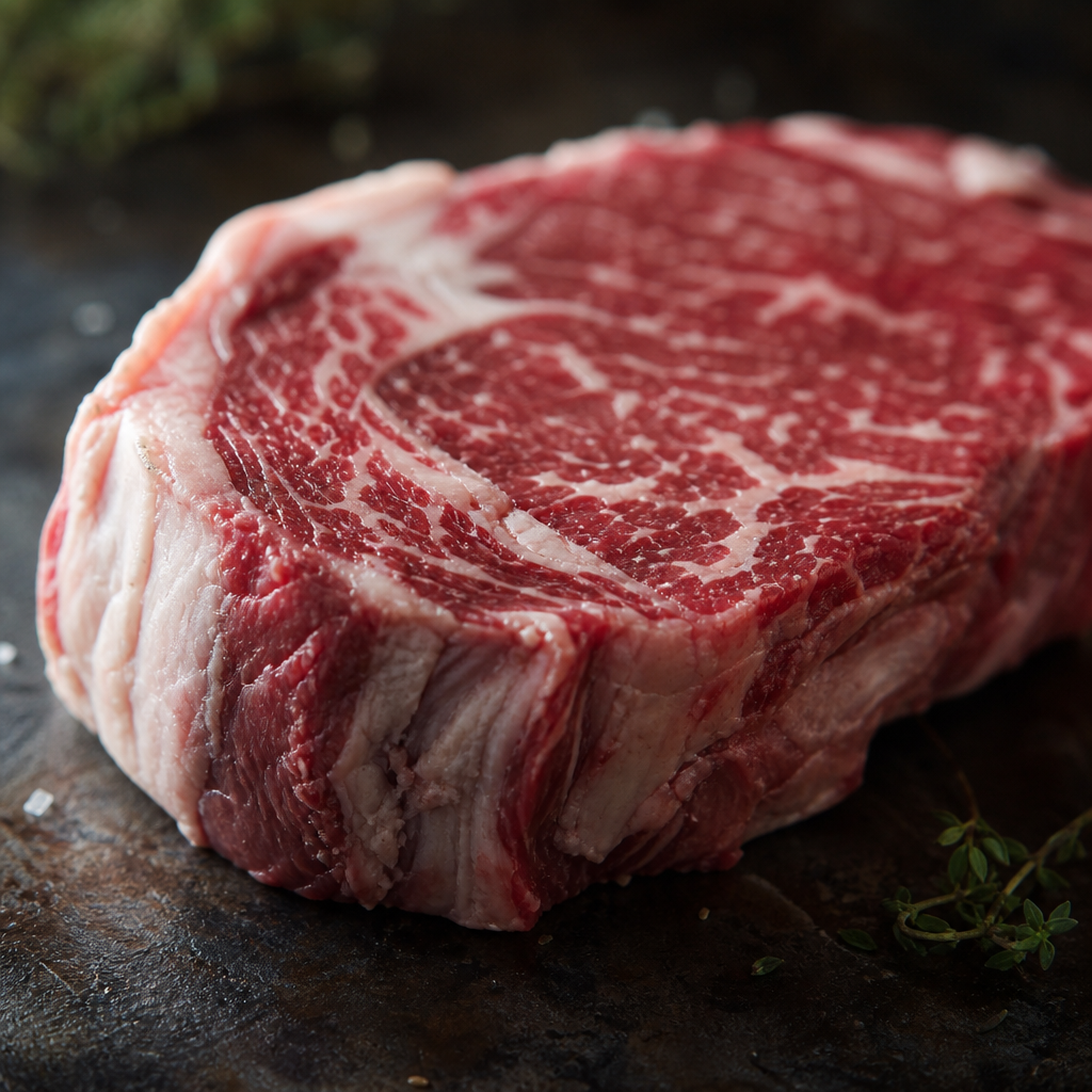 Rauwe Fat Angus entrecote met marmering en dikke vetrand op donkere ondergrond