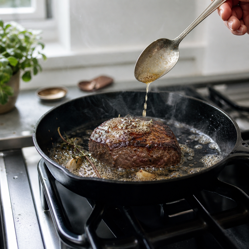 Kogelbiefstuk van Angus in een pan, met boter en kruiden tijdens het bakken
