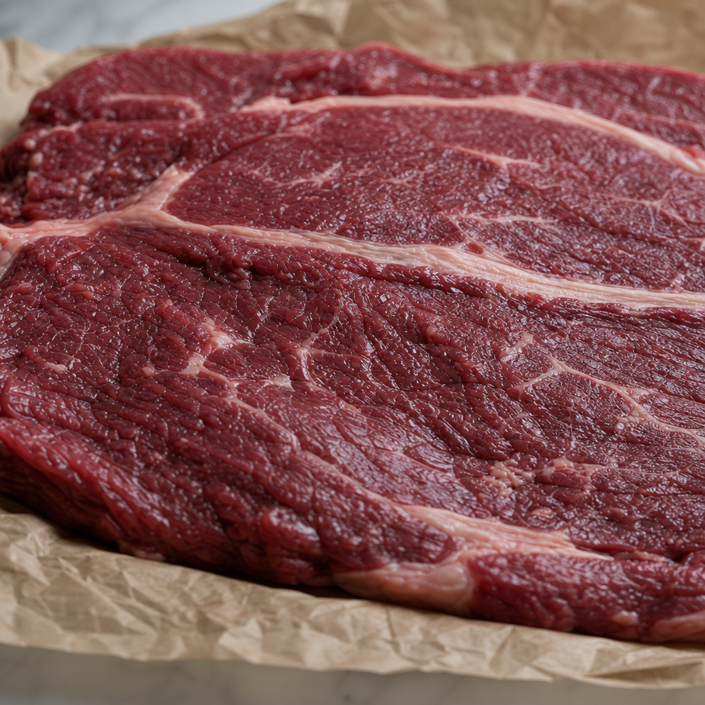Rauwe sucadelap van Fat Angus met zichtbare vetnerven op bruin papier
