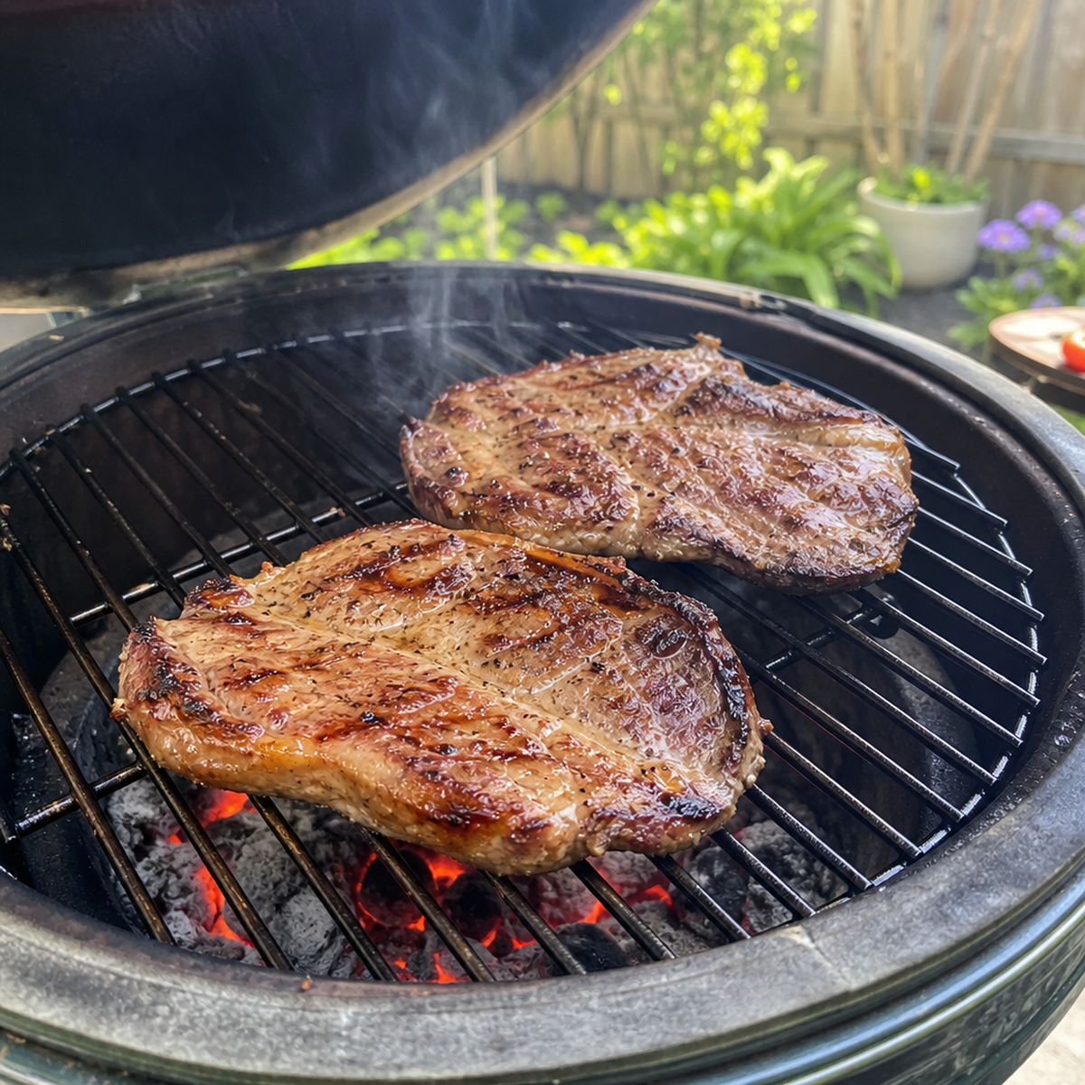 Twee gegrilde Iberico nekstukken zonder been op de barbecue, met goudbruine korst