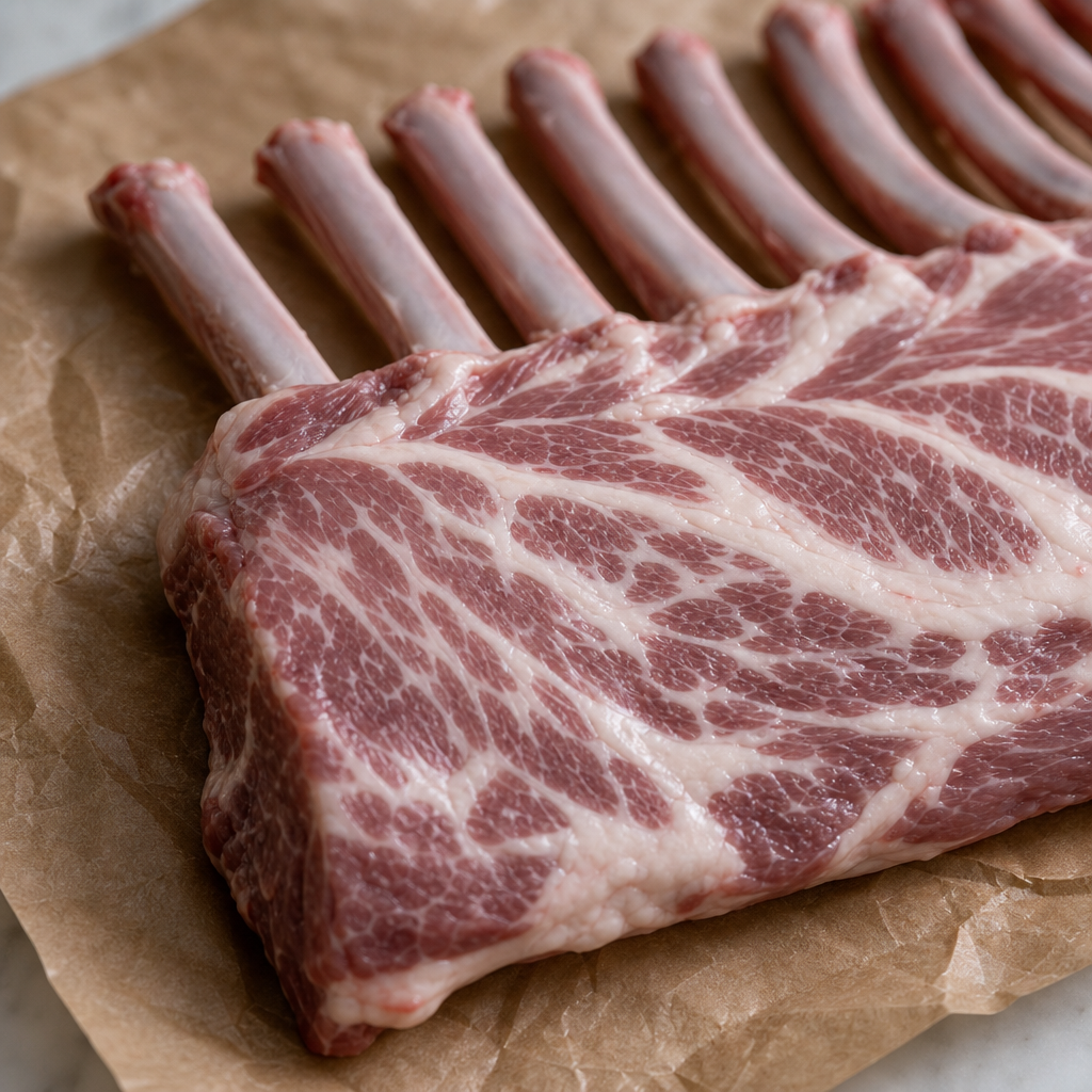 Rauw Iberico rack met zes ribben op bruin bakpapier