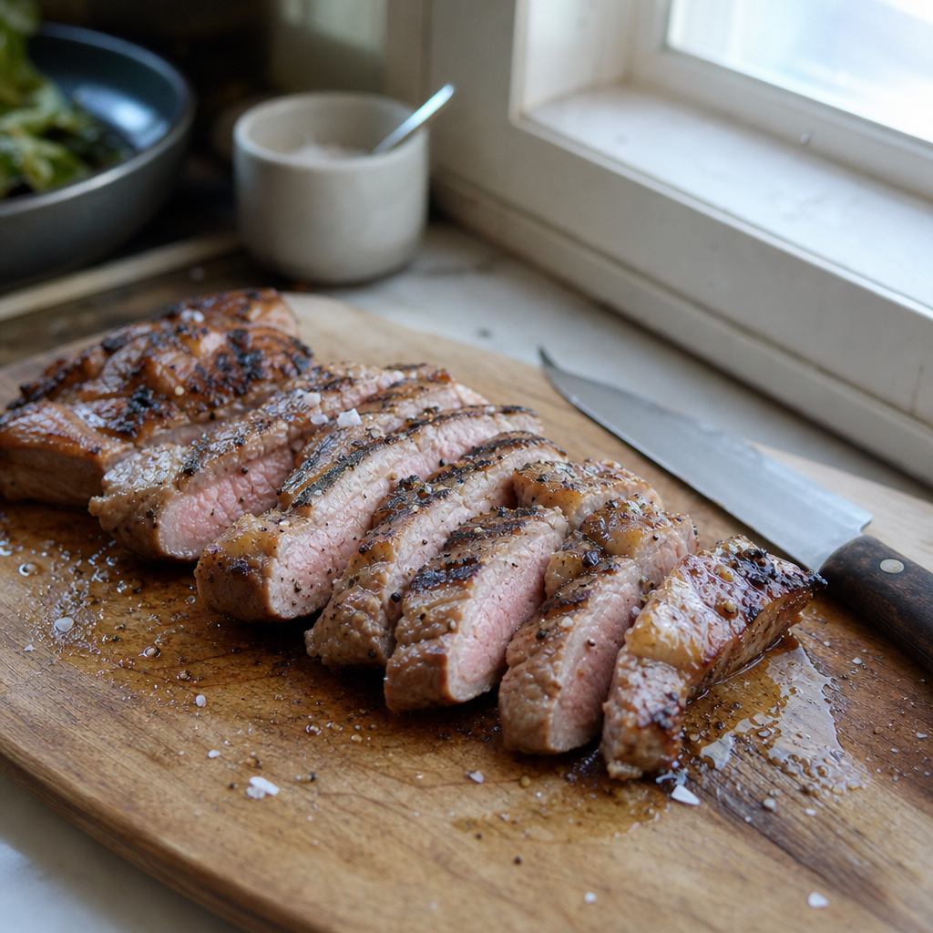 In plakken gesneden Iberico secreto met gegrilde korst en gesmolten vet op een houten plank