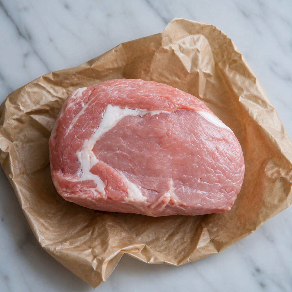 Heel kalfs rib-eye op bruin papier, met lichte vetdooradering op een marmeren ondergrond