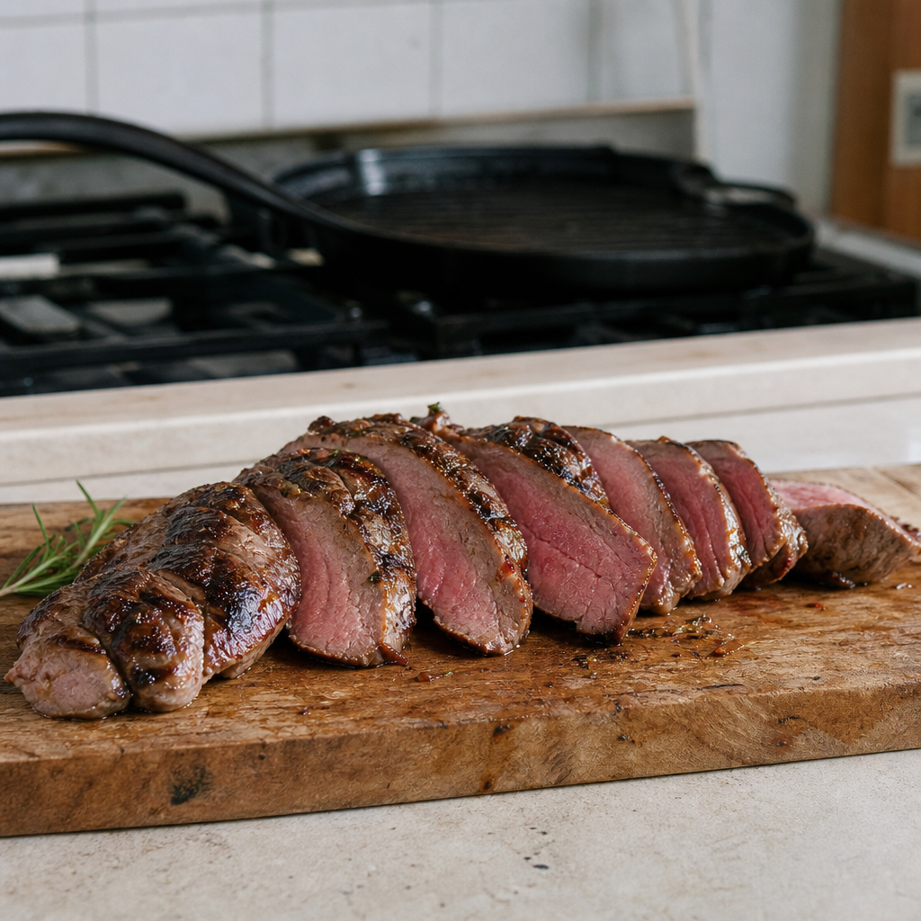 Gesneden lams rump steak op een houten plank, met rosé binnenkant en gegrilde korst