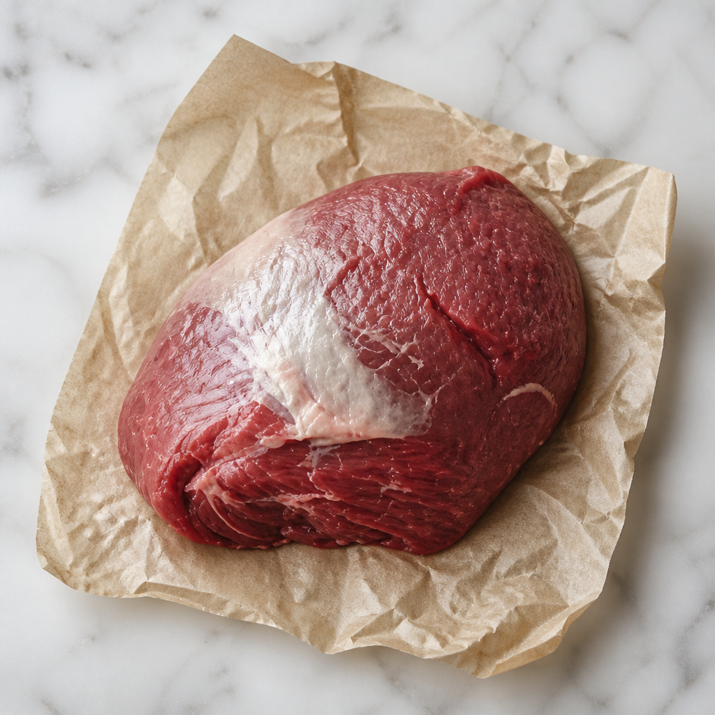 Rauwe lams rump steak op bruin papier, bovenaanzicht