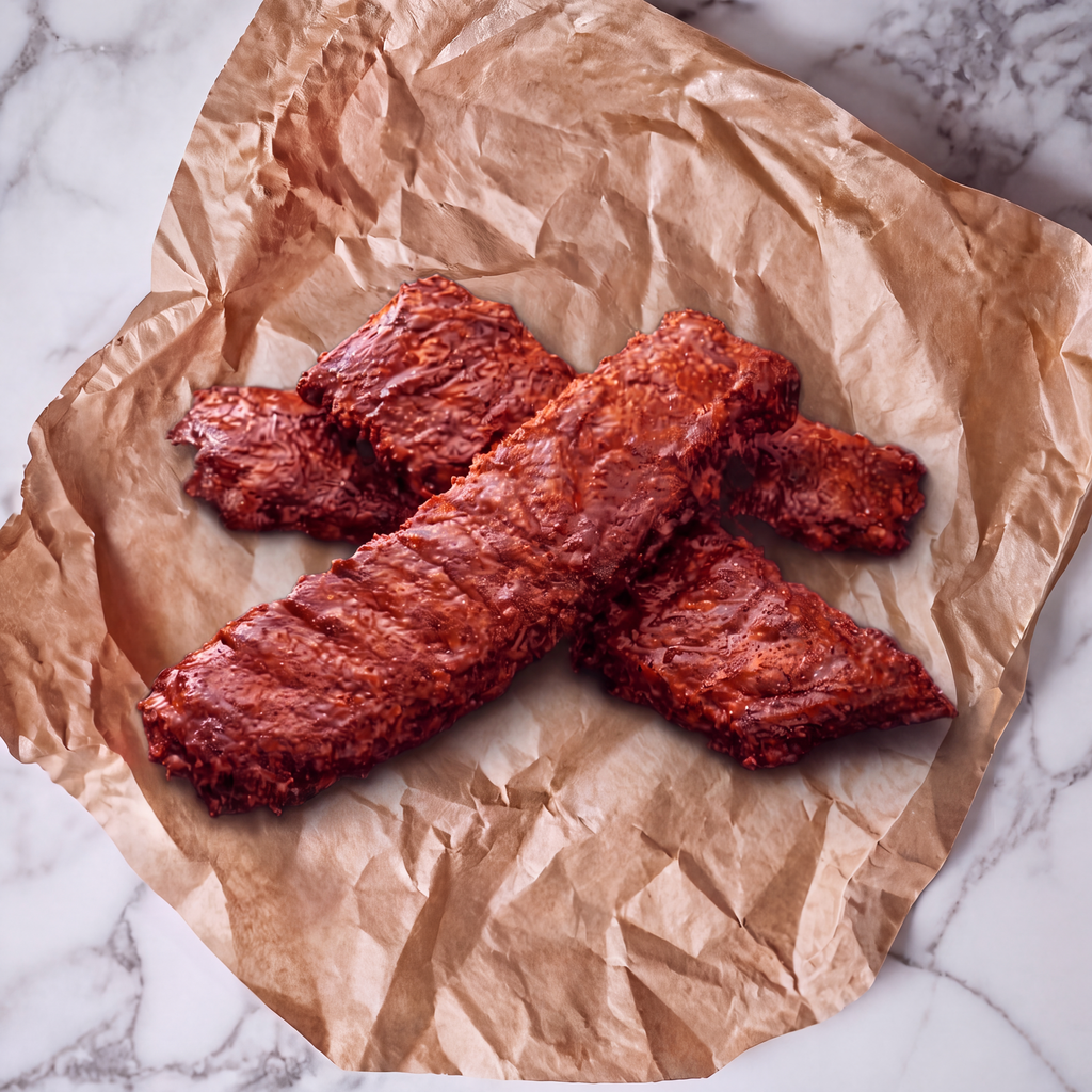 Indisch gegaarde spareribs met glanzende kruidige lak op bakpapier