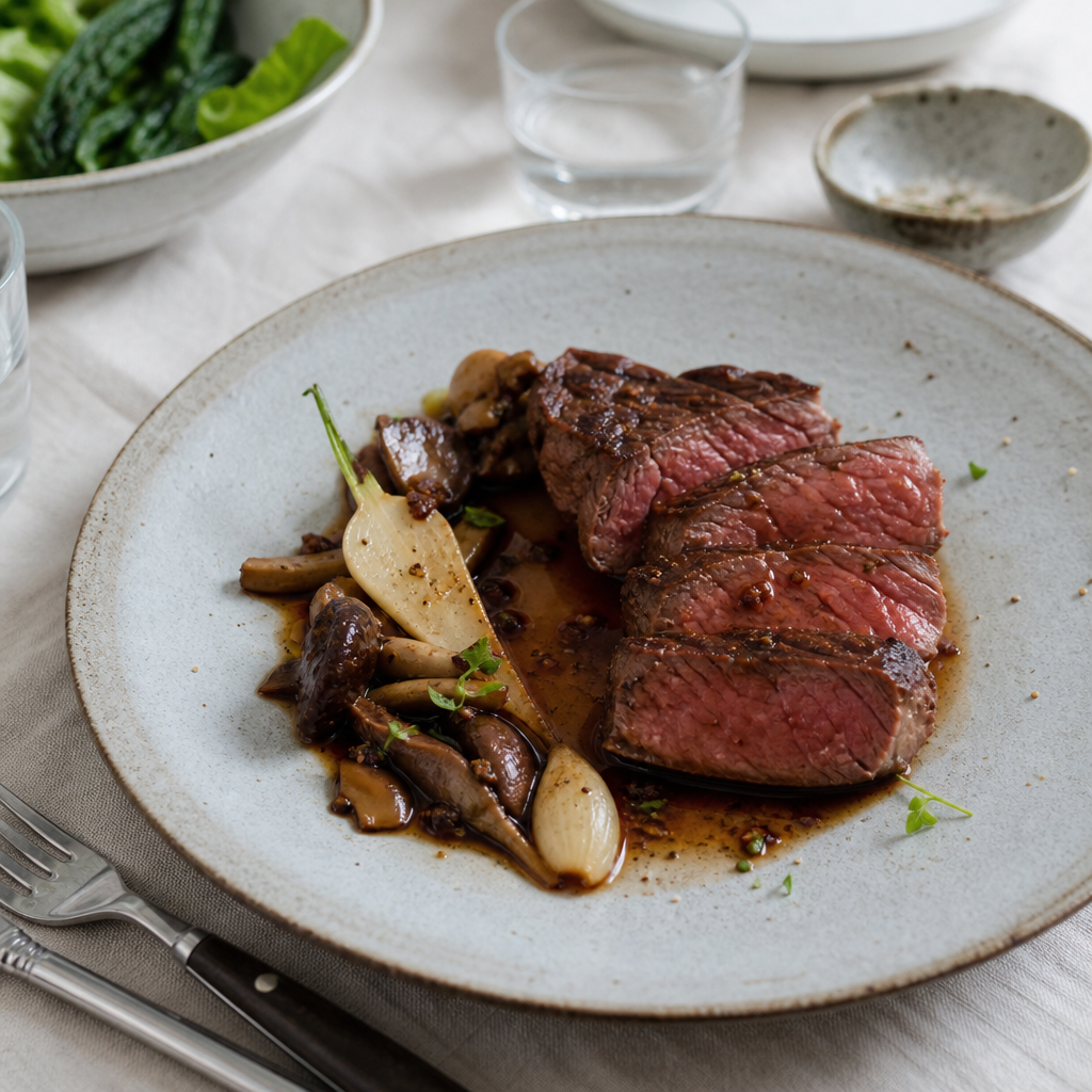 Gesneden tournedos met rood van binnen, geserveerd met paddenstoelen en saus op bord