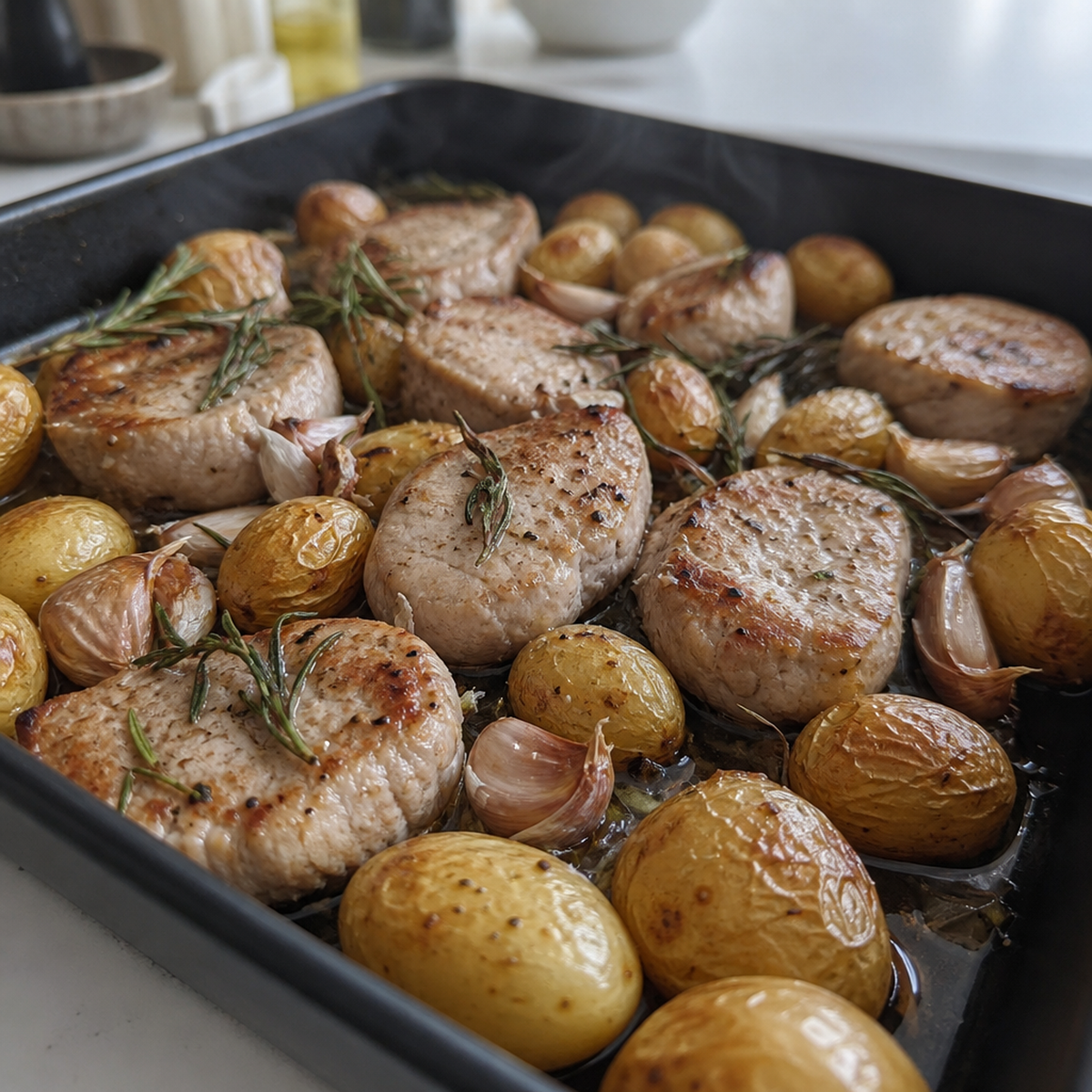 Geroosterde varkensmedaillons met krieltjes, knoflook en rozemarijn in een ovenschaal
