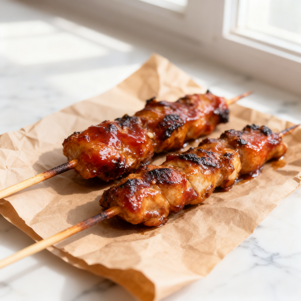 Twee gegrilde yakitori kipspiesjes met glanzende, gekaramelliseerde marinade op bakpapier
