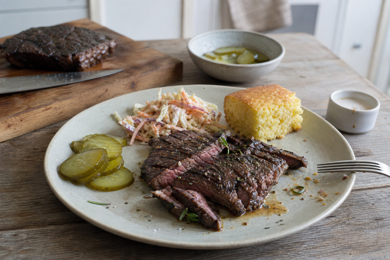 Bavette uit de pan met boter, knoflook en rozemarijn