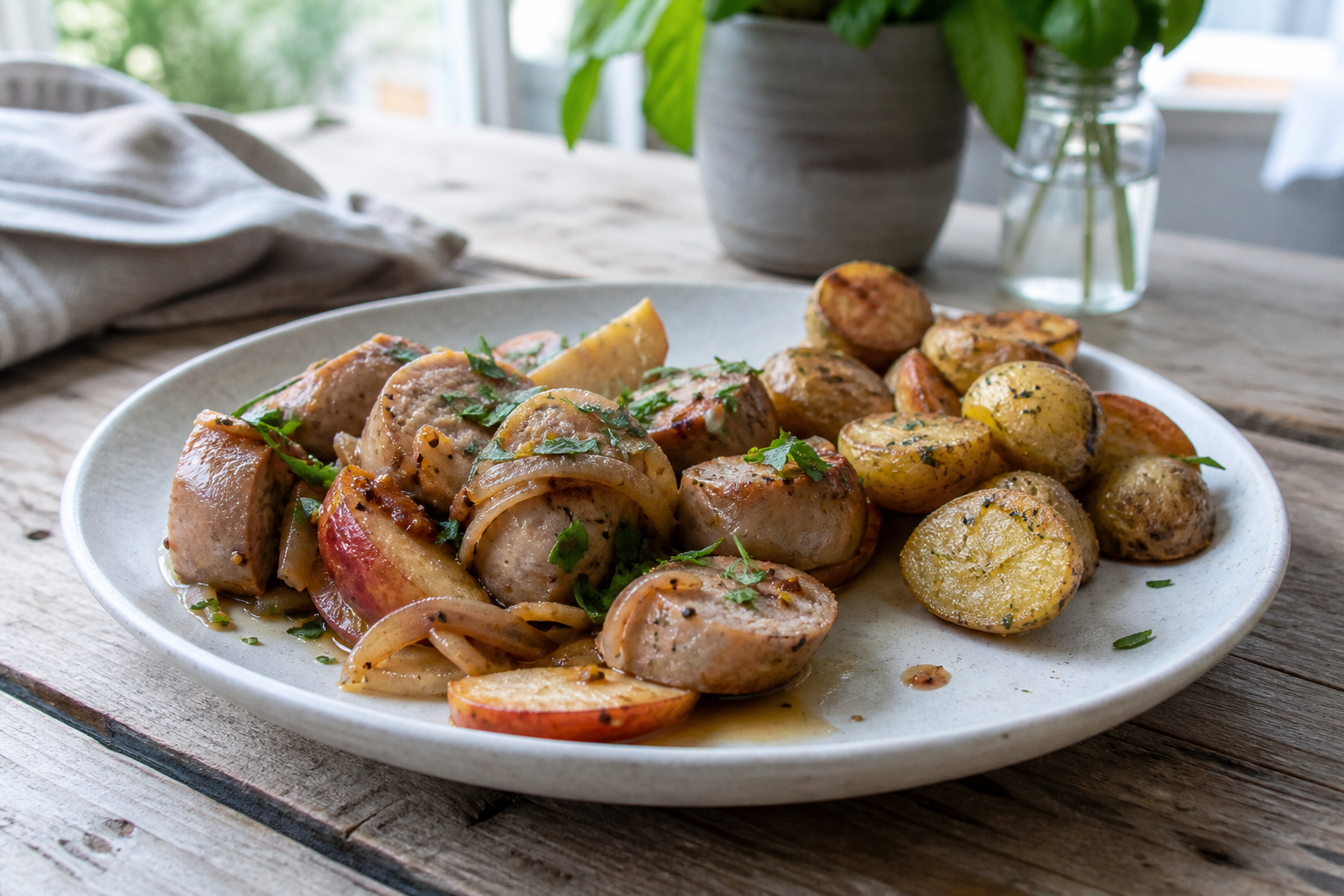 Kipworst uit de pan met aardappels en appel