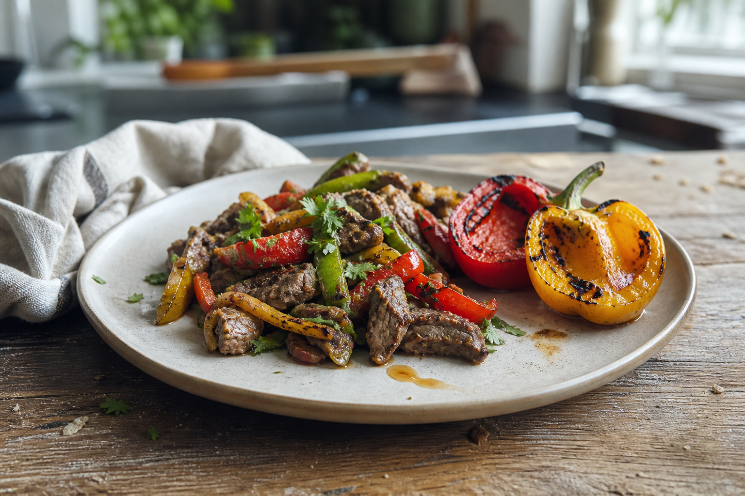 Roerbak met biefstukpuntjes en paprika