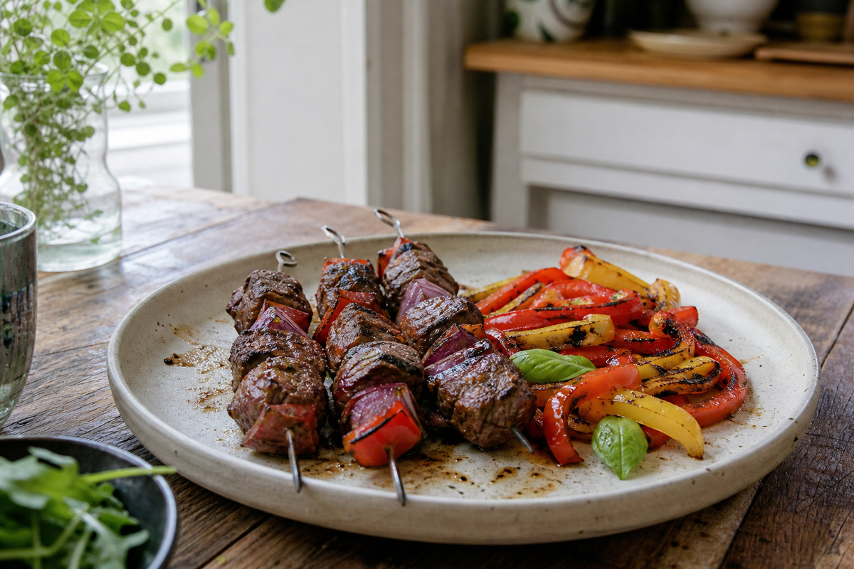 Gegrilde biefstukspiesen met paprika en rode ui