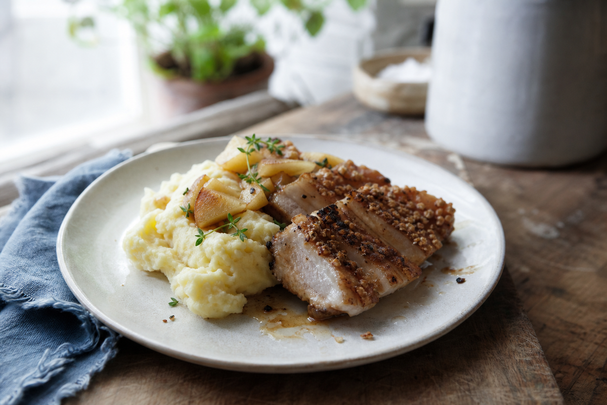 Krokant buikspek met aardappelpuree en appel