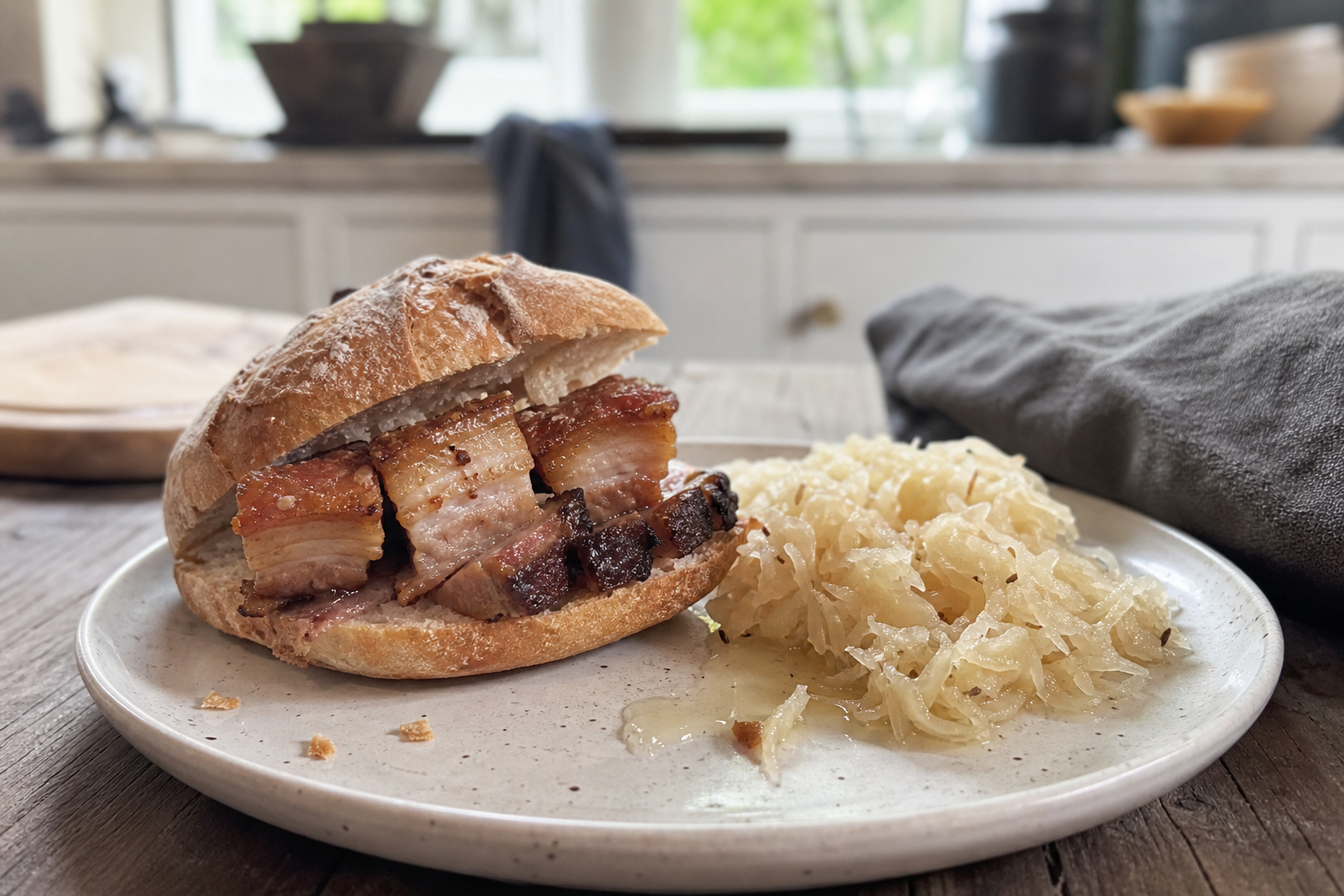 Broodje krokant buikspek met zuurkool