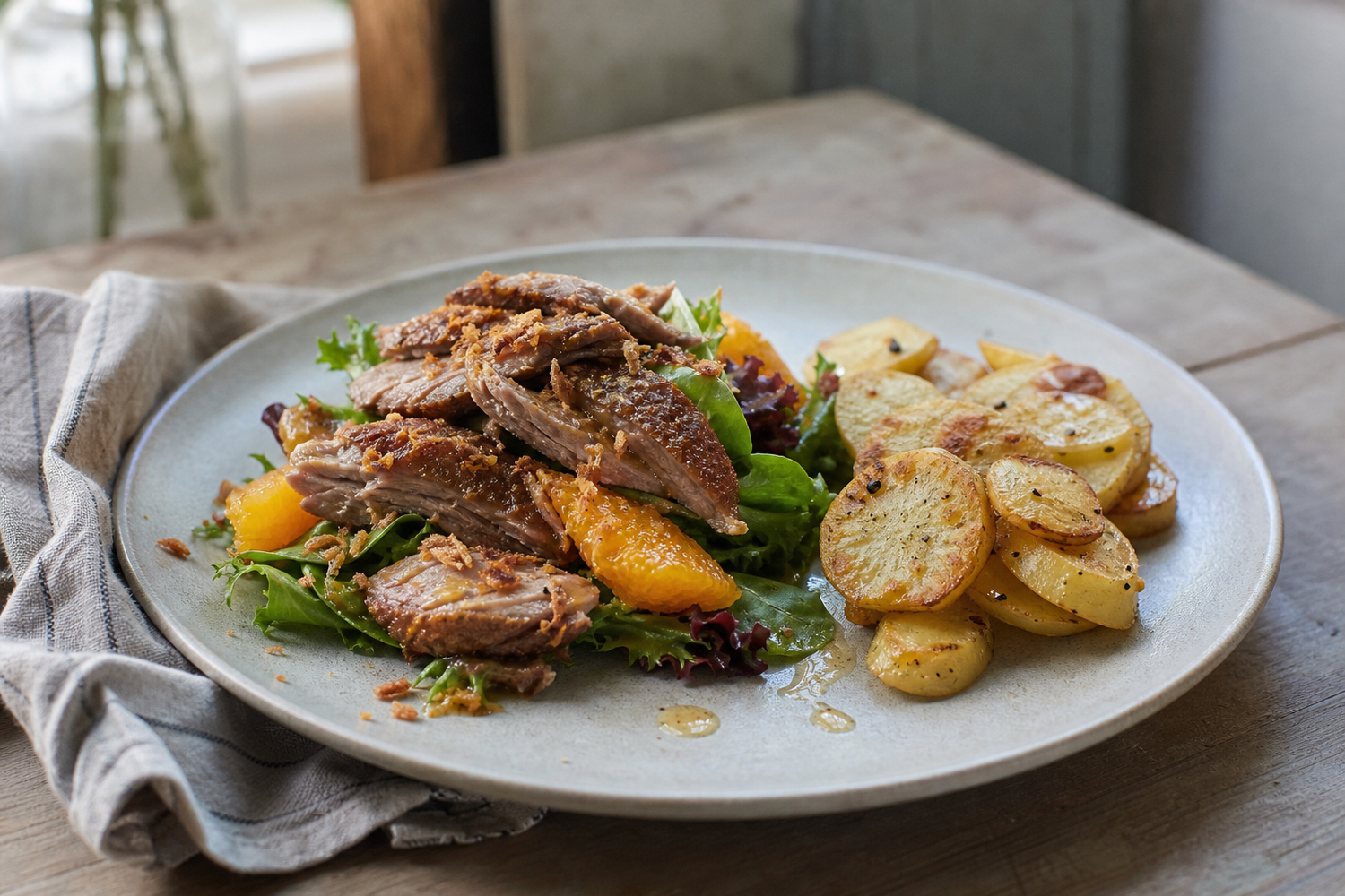 Krokante eendensalade met sinaasappel en aardappel