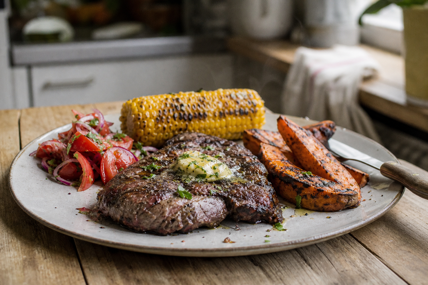 Gegrilde entrecote van de BBQ met kruidenboter