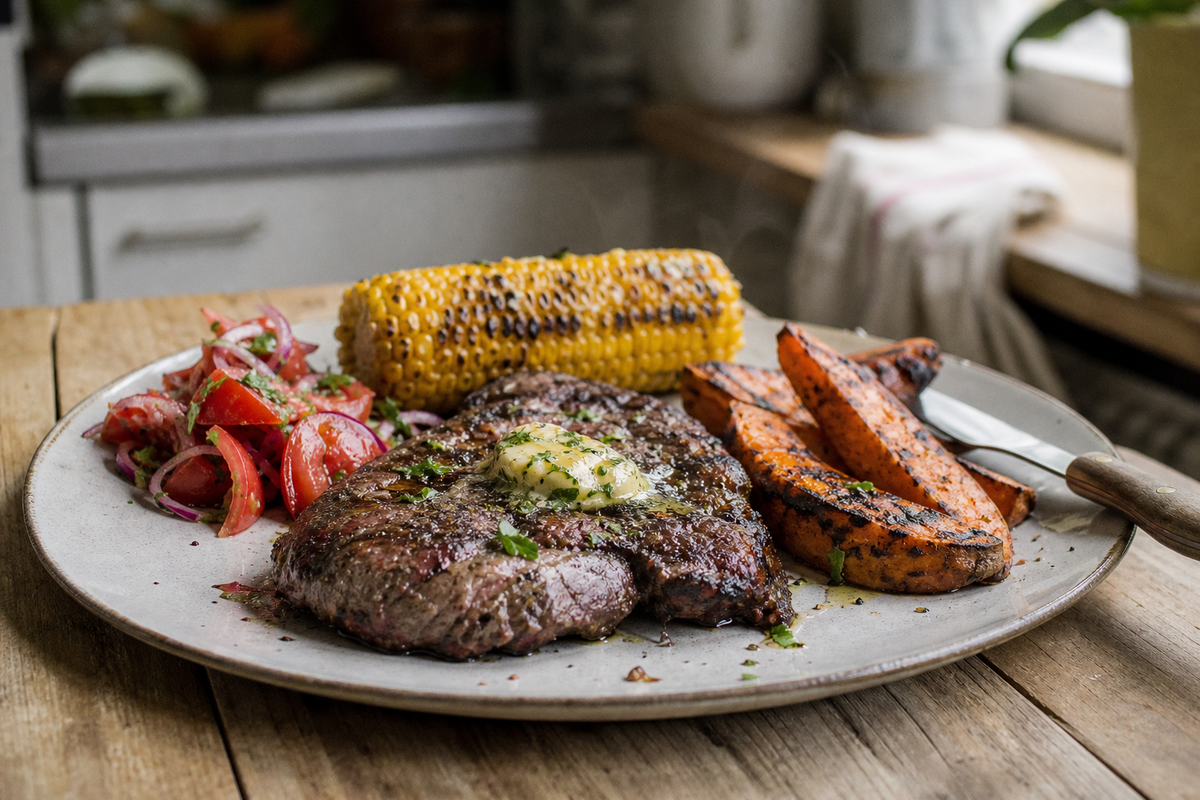 Gegrilde entrecote van de BBQ met kruidenboter