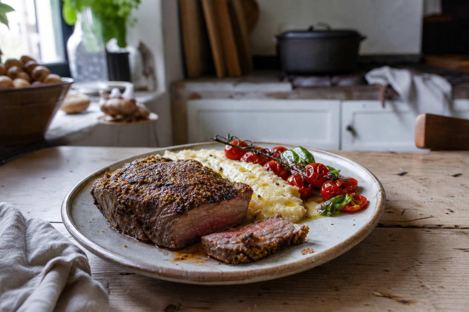 Gebraden entrecote uit de oven met mosterdkorst
