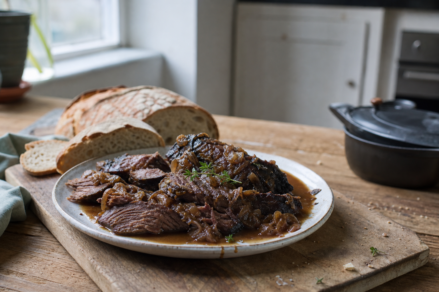 Ovenbrisket met ui en runderbouillon