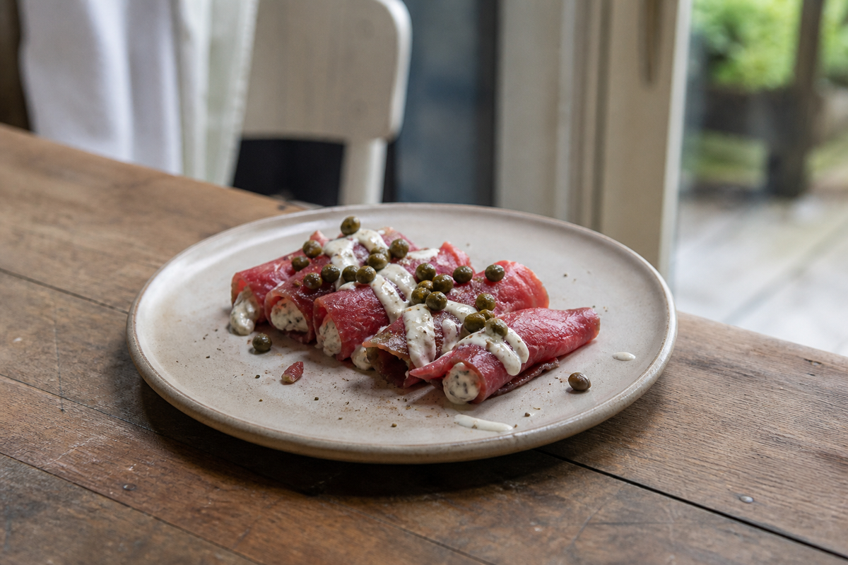 Carpaccio rolletjes met truffelmayonaise en kappertjes
