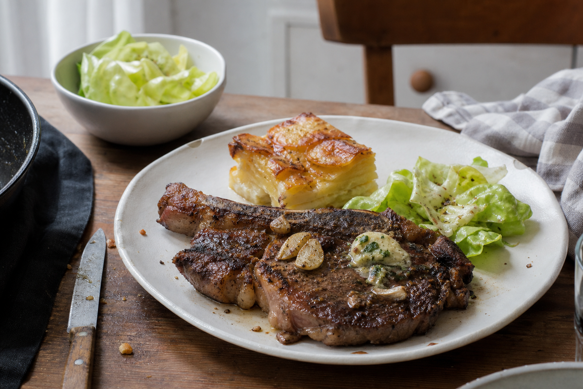 Côte de boeuf in de pan met knoflook en boter