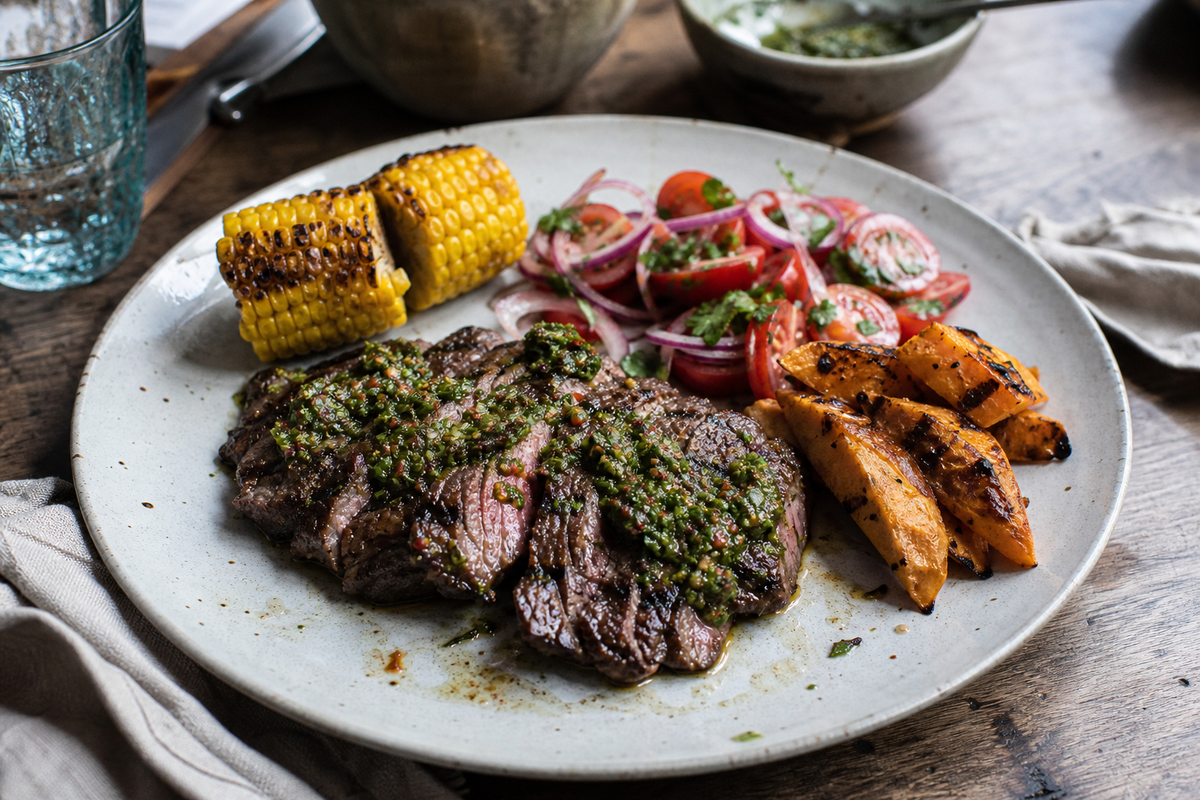Flat iron van de BBQ met chimichurri