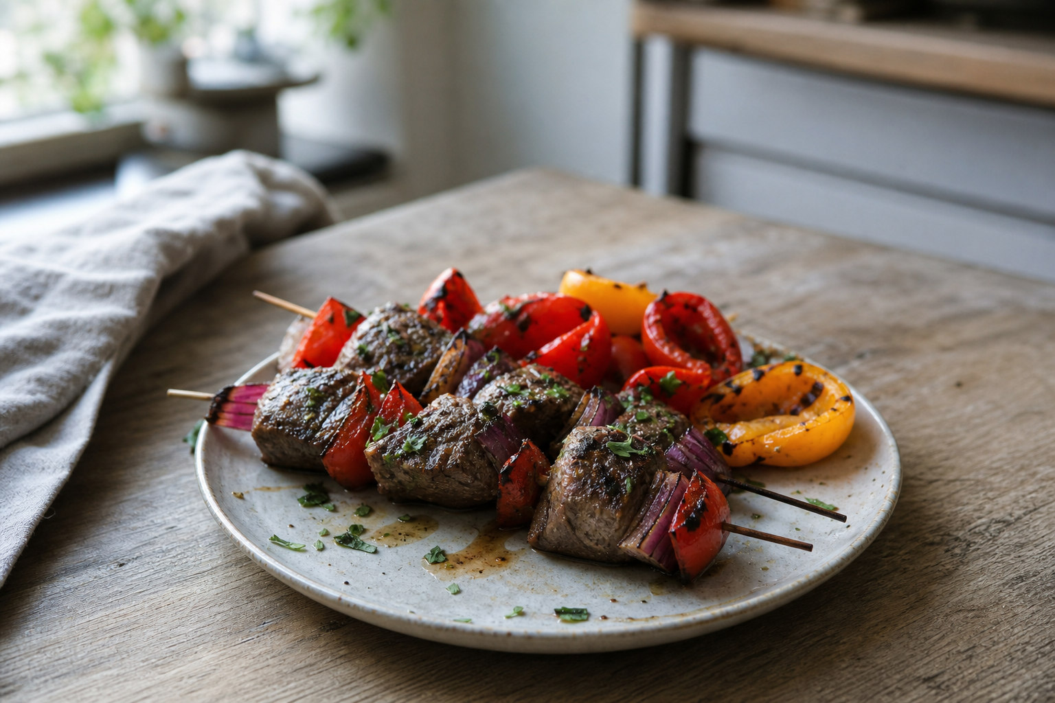 Gegrilde kogelbiefstukspiesen met paprika en rode ui