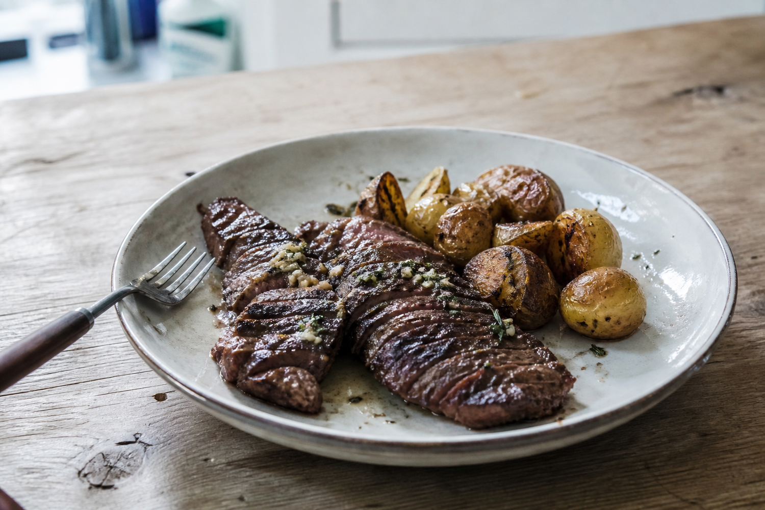 Bavette uit de pan met knoflookboter en gebakken aardappels