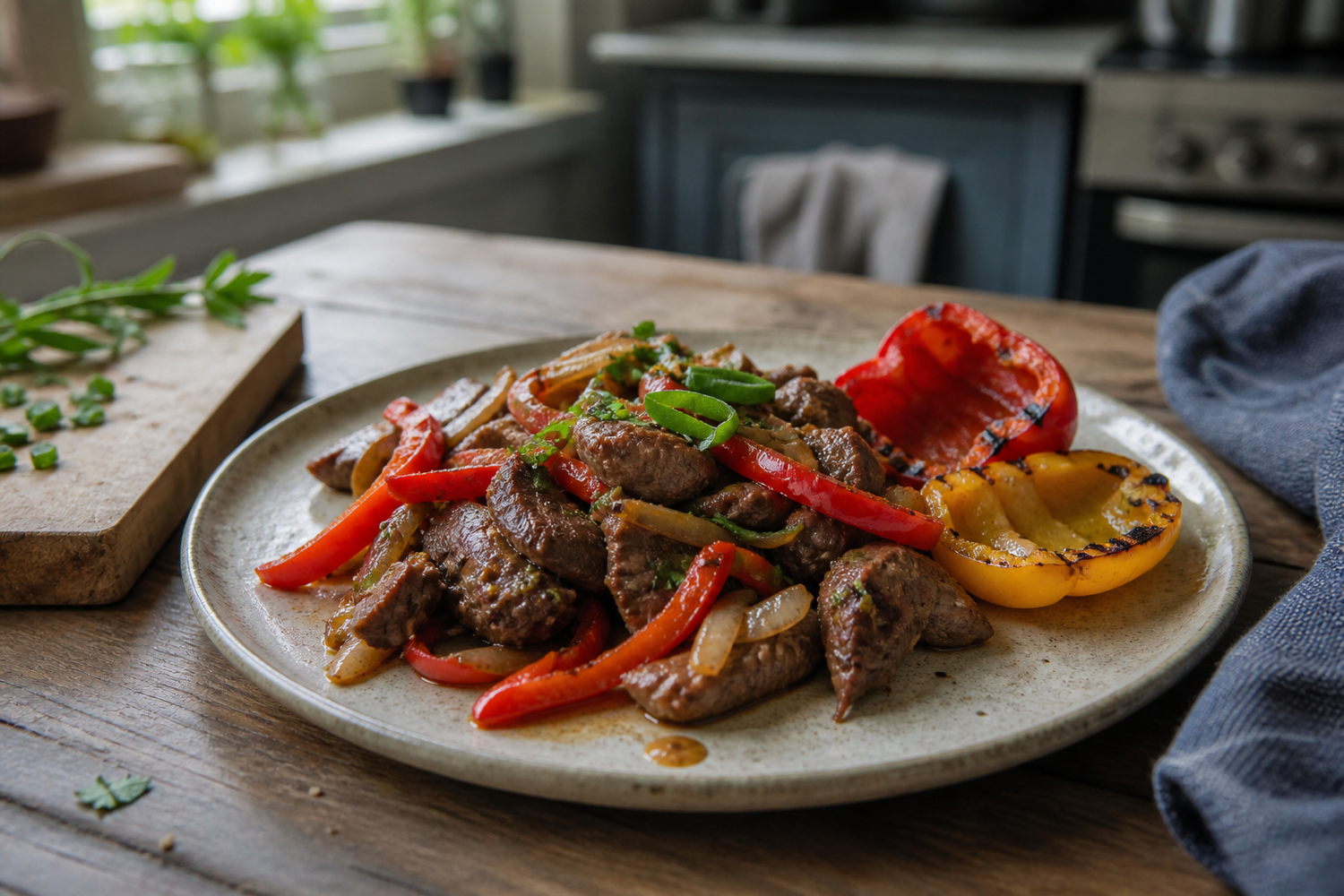 Roerbak met ossenhaaspuntjes en paprika