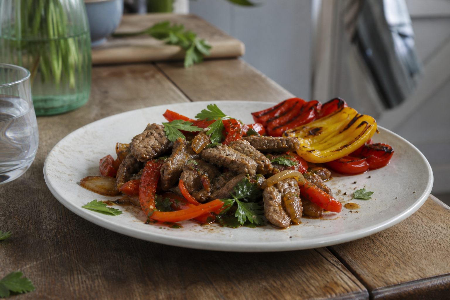 Roerbak met ossenhaaspuntjes en paprika