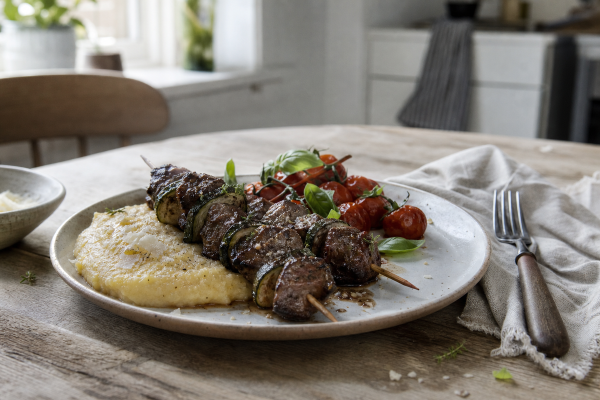 Ossenhaasspies van de BBQ met gegrilde courgette