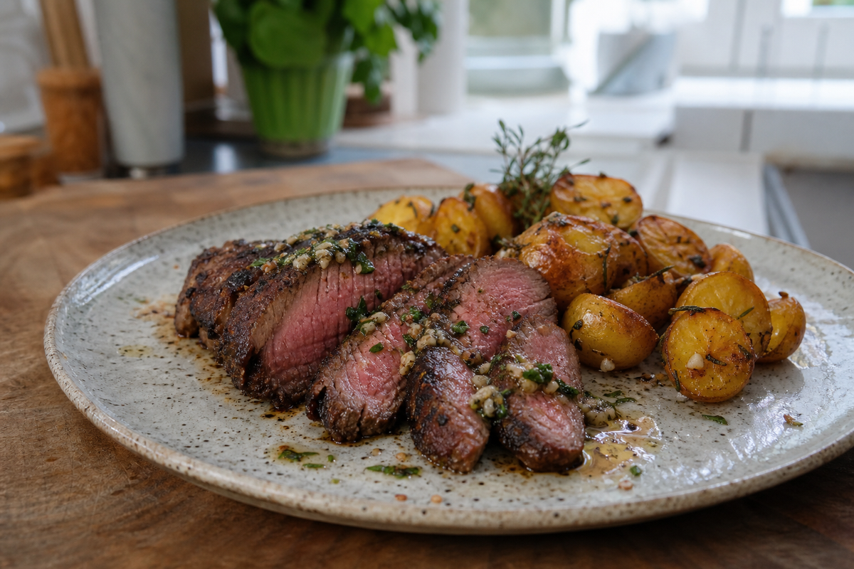 Picanha uit de pan met knoflookboter en aardappels