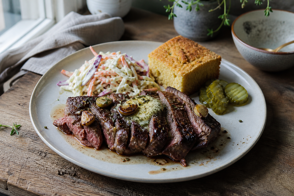 Rump steak uit de pan met knoflookboter
