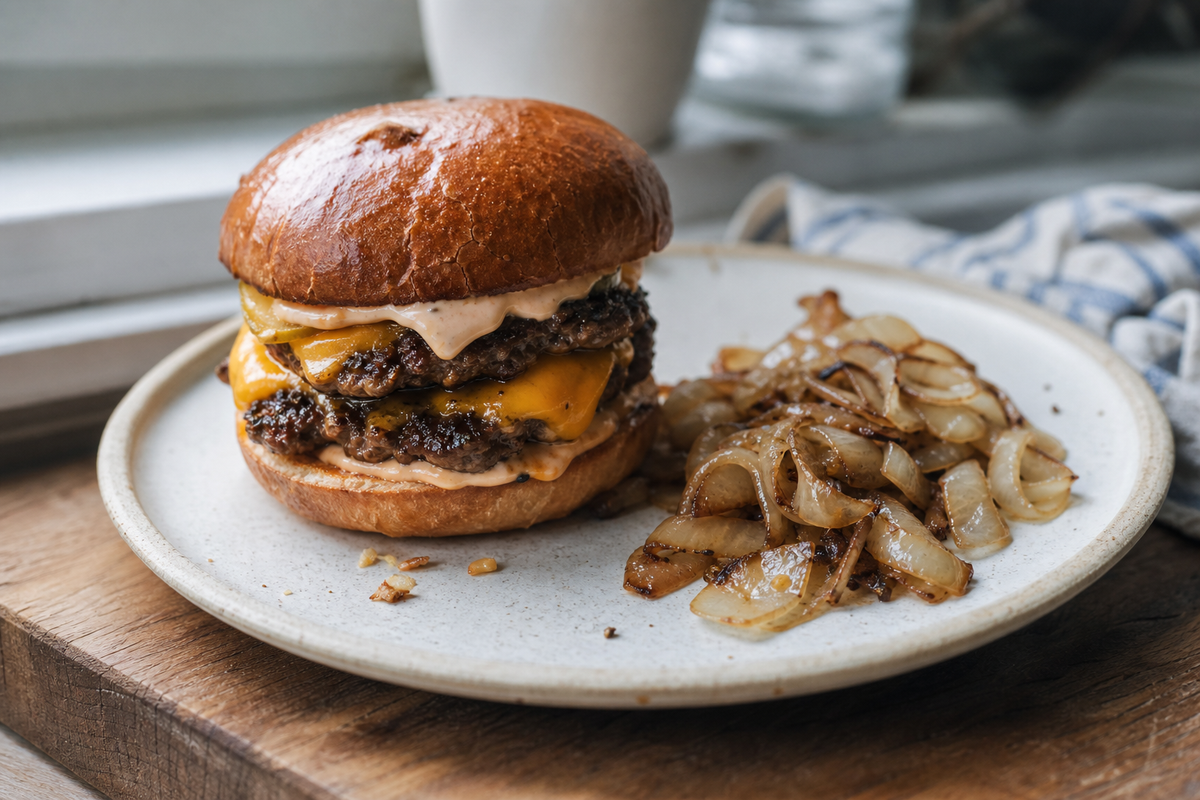 Dubbele smashburger met cheddar en ui