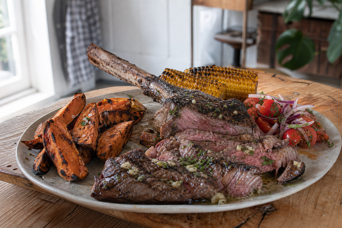 Tomahawk met knoflookboter uit pan en oven