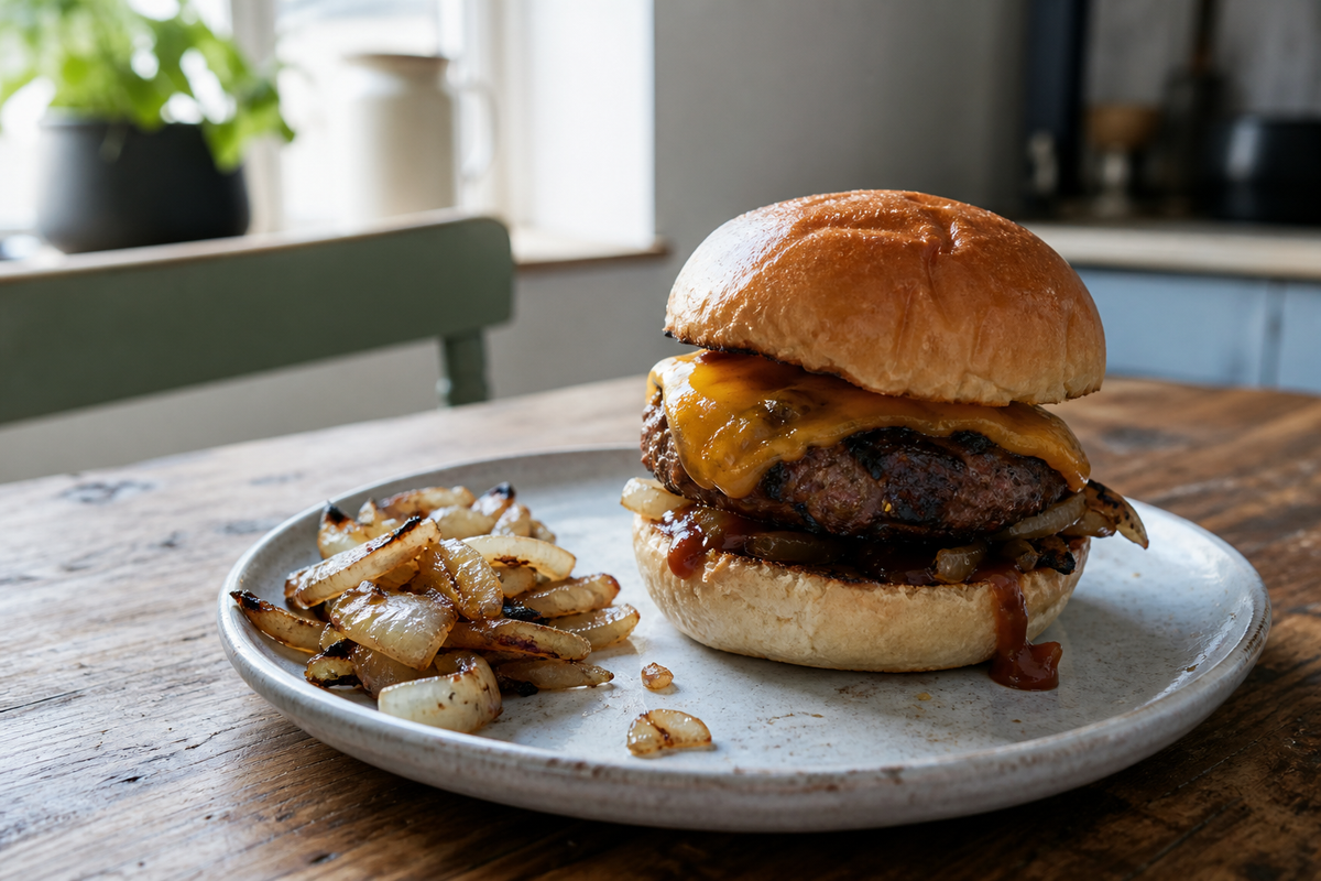 BBQ-burgers met cheddar en gegrilde ui