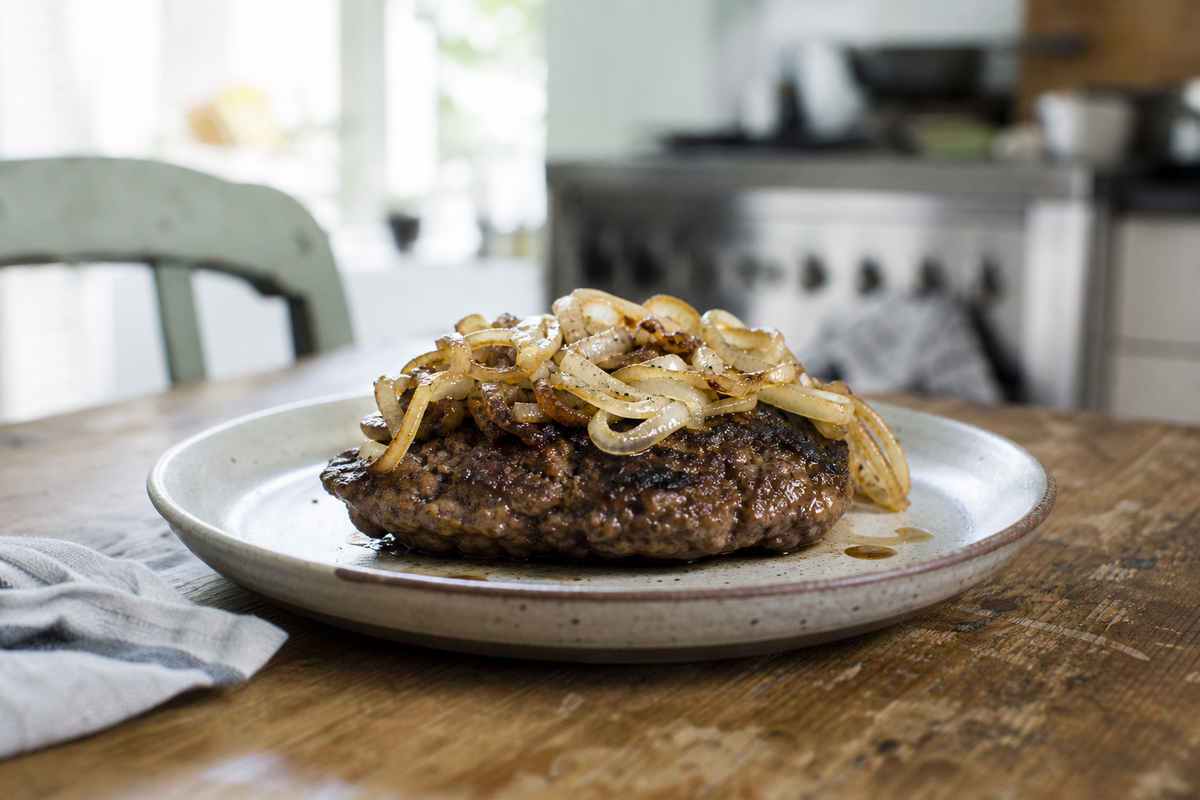 Pepperburger van de bakplaat met gebakken ui
