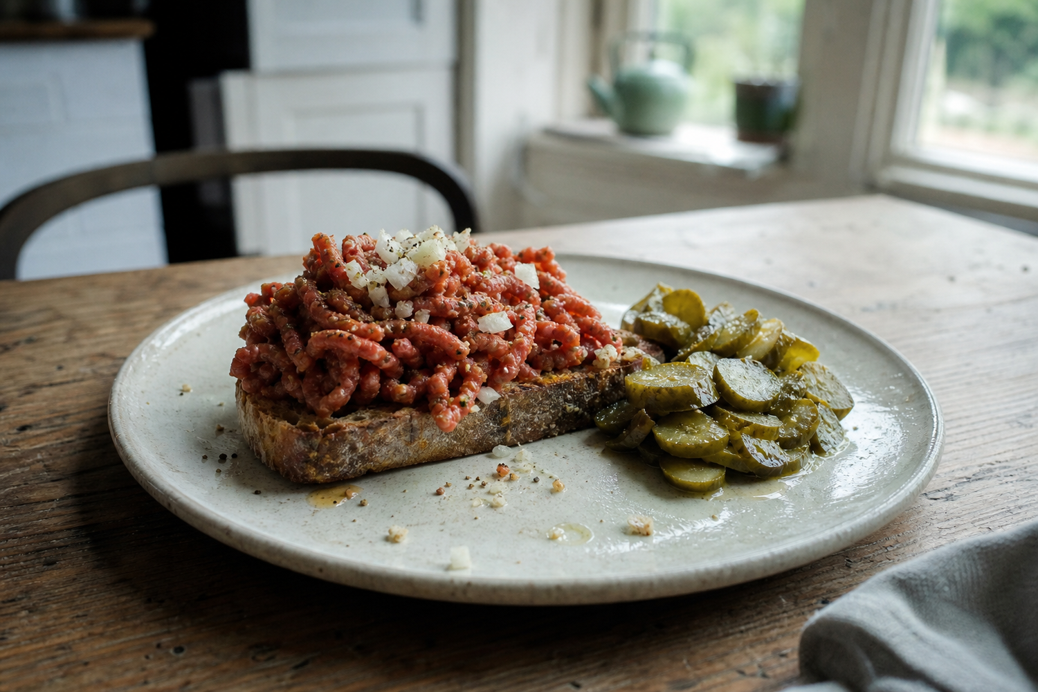 Filet americain op zuurdesemtoast met augurk