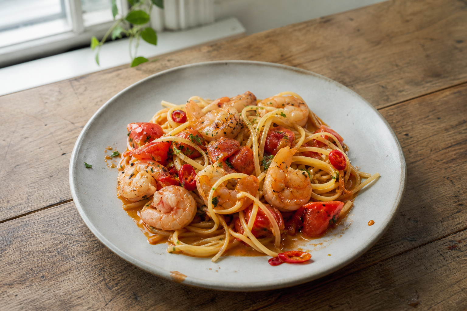 Pasta met gamba's, tomaat en chili