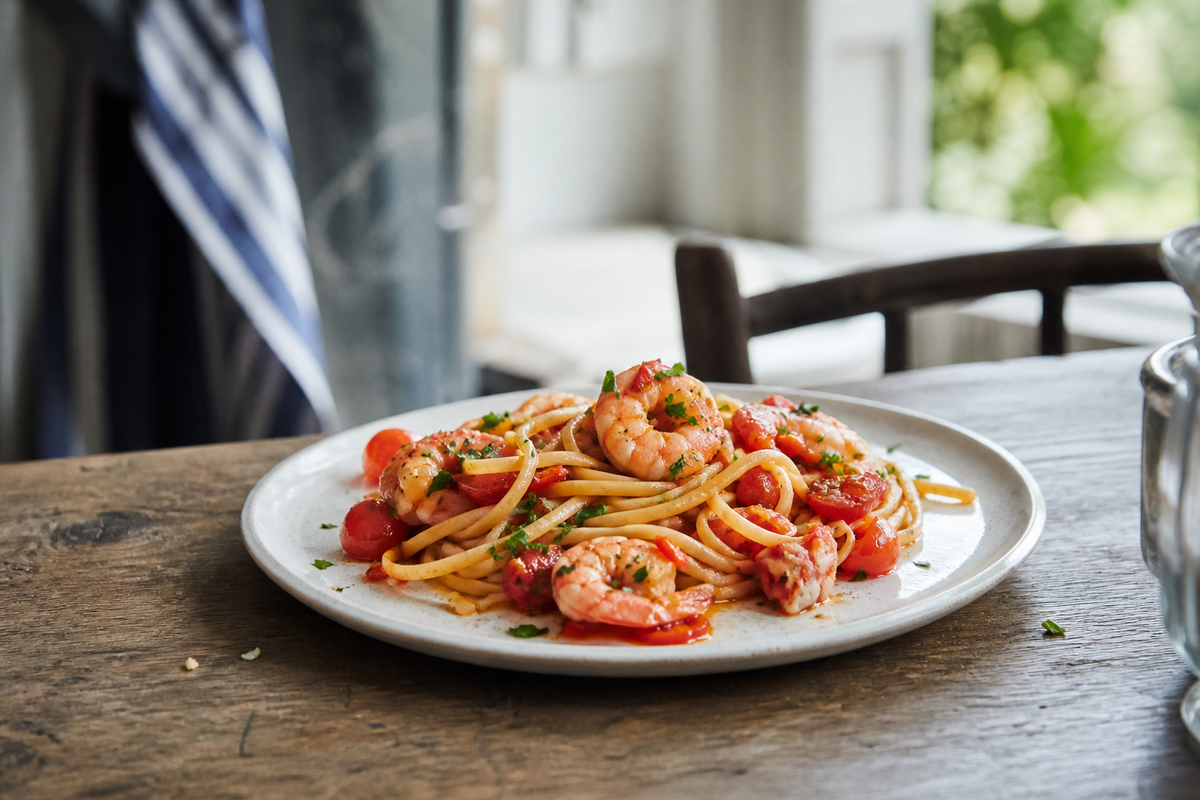 Pasta met gamba's, tomaat en chili