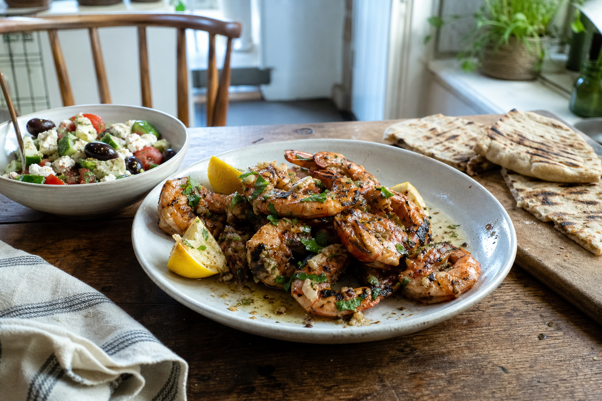 Gamba's van de grill met knoflook en citroen