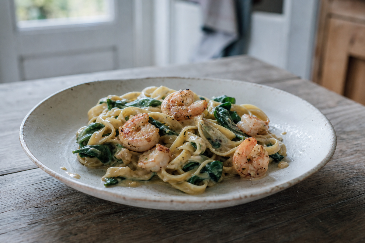 Romige pasta met gamba en spinazie