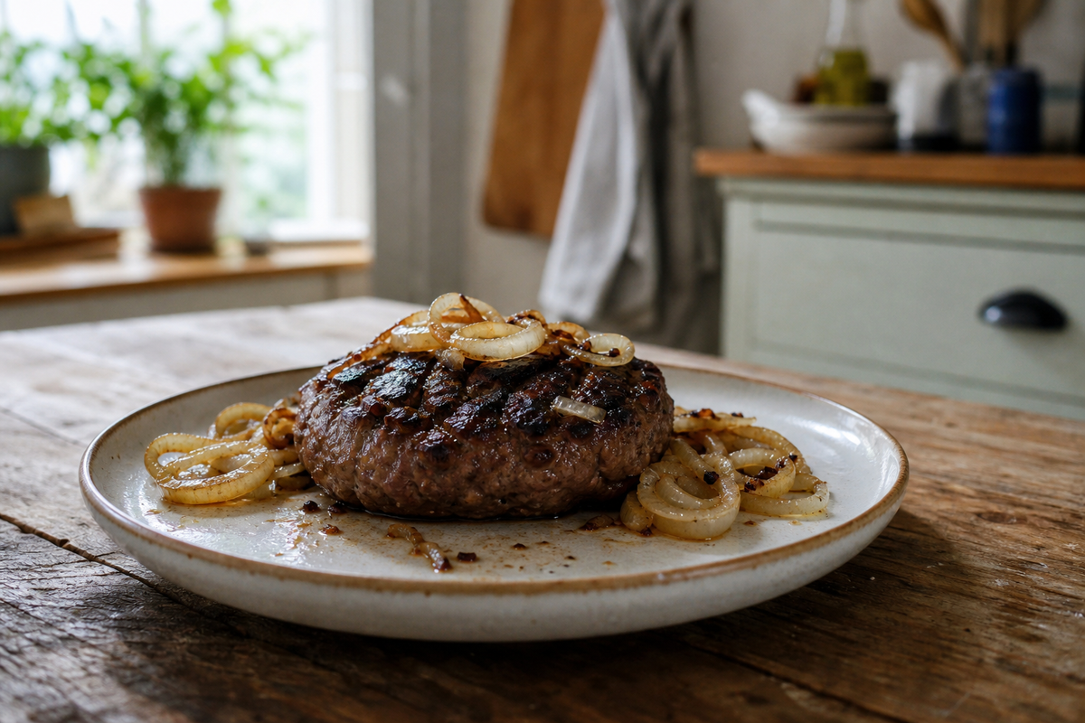Runderburger van de BBQ met gebakken ui